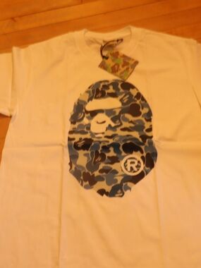White Bape T-Shirt with Blue Camo Ape Graphic
